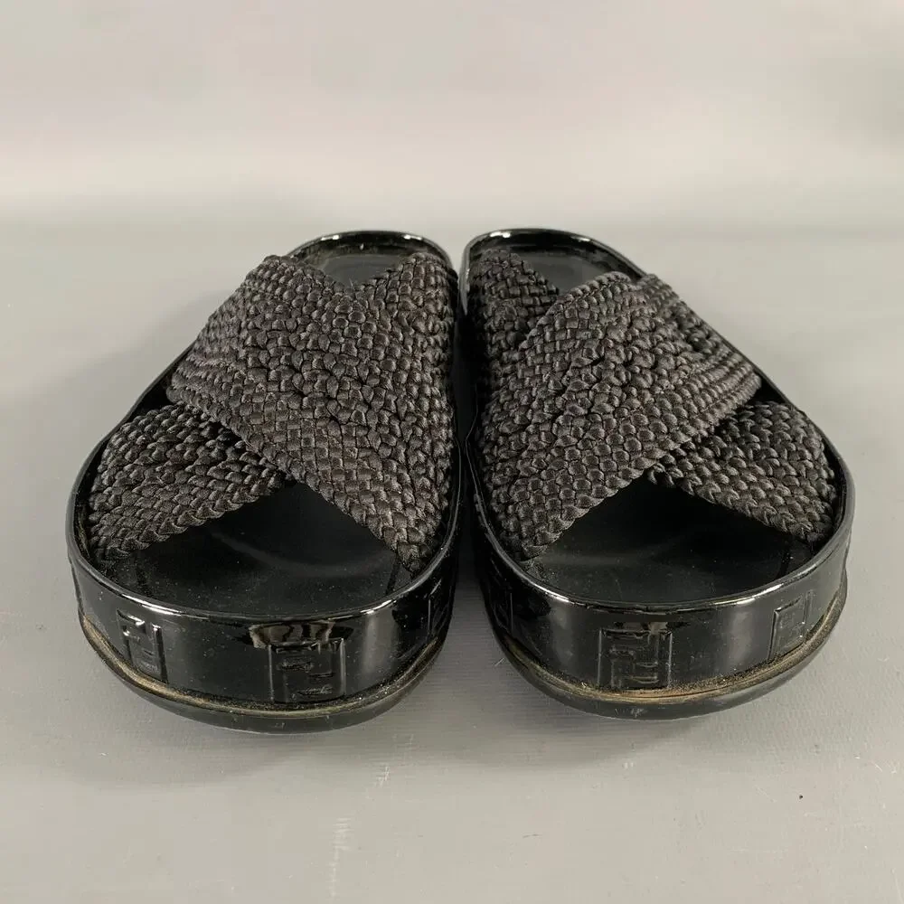 FENDI Size 8 Black Monogram Nylon Slide Sandals